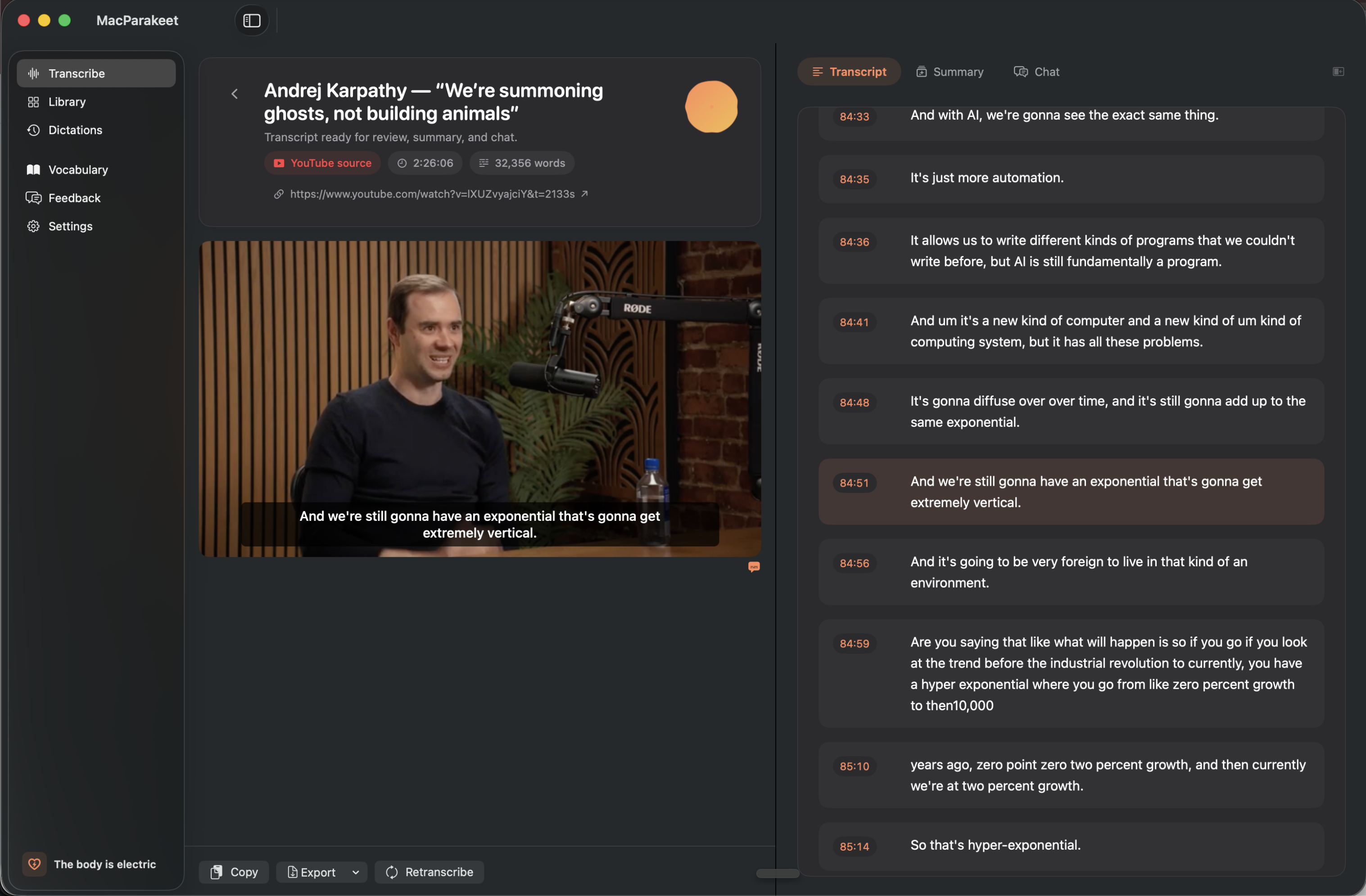 MacParakeet — YouTube transcript with synced video playback and timestamped transcript, summary, and chat tabs