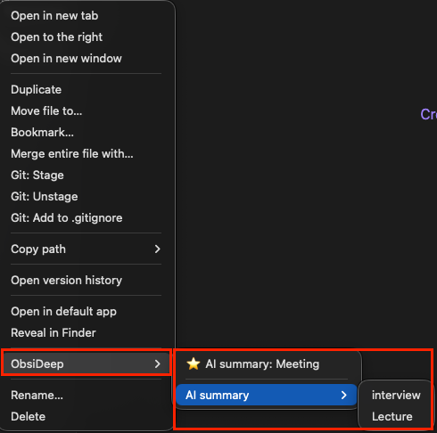 Right-click → ObsiDeep submenu
