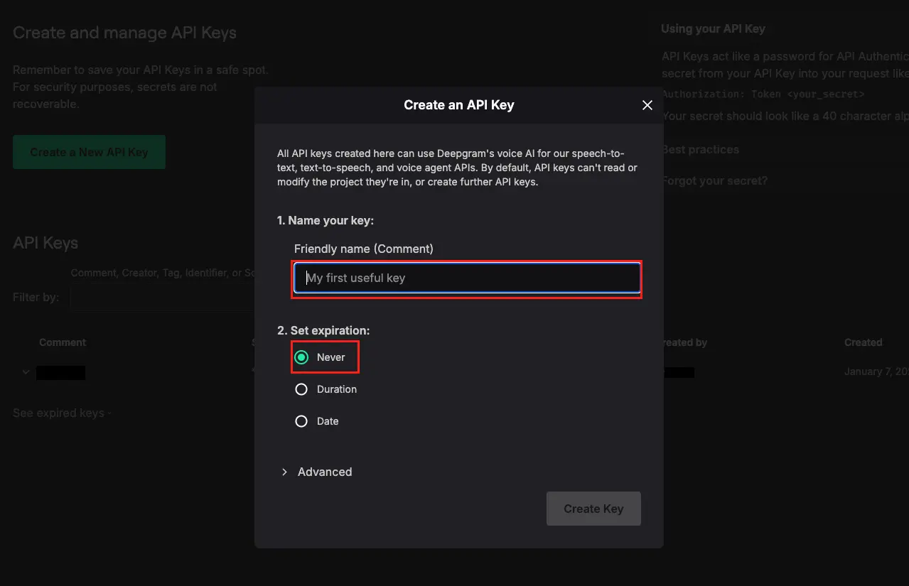 Create API Key dialog
