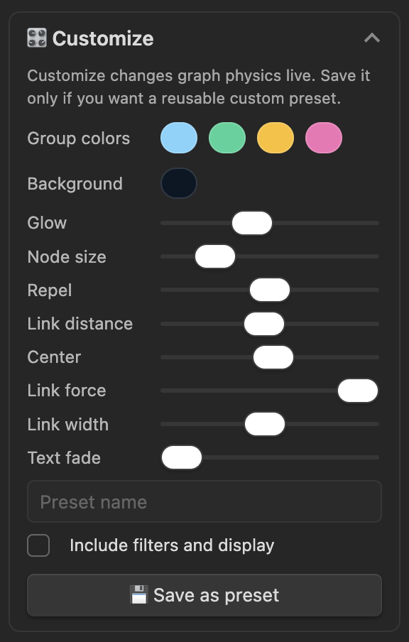 The expanded Customize group with colour pickers, sliders and the Save as preset button