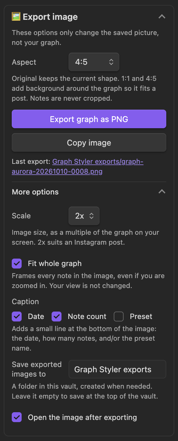 The Export image group with More options expanded: Aspect 4:5, the Export and Copy image buttons and a Last export link, then Scale 2x, Fit whole graph, a caption with date and note count, the save folder and Open the image after exporting, each with a one-line explanation