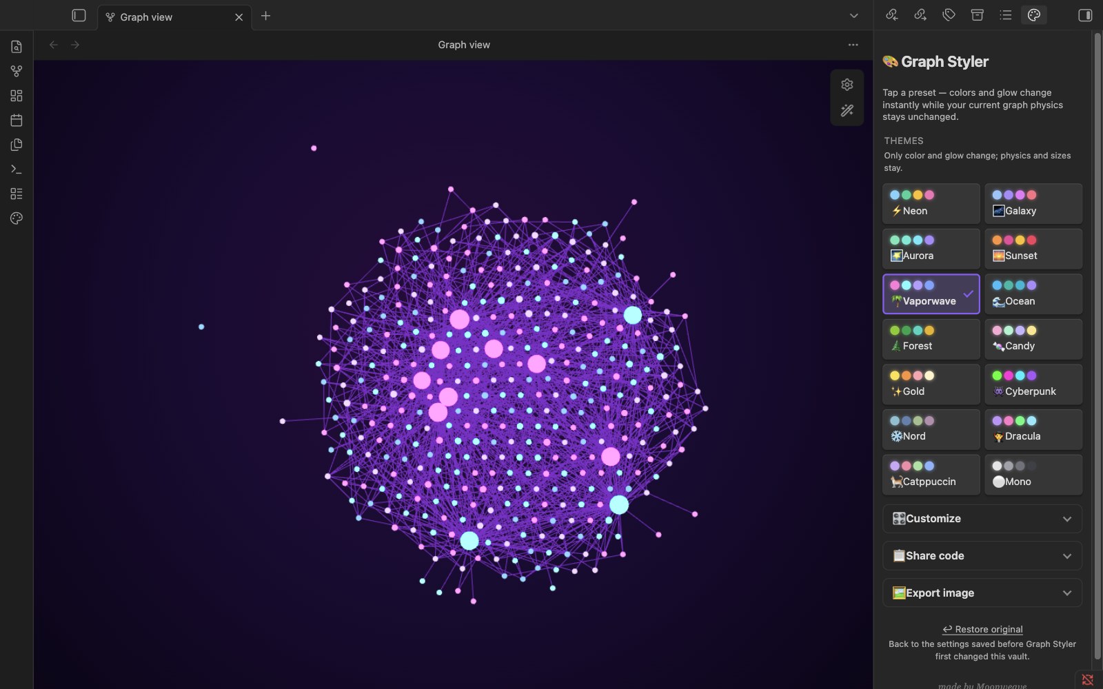 Obsidian graph view with the Vaporwave preset applied, next to the Graph Styler panel