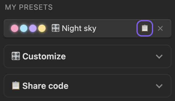 The copy button of a preset with a keyboard focus ring, above the closed Customize and Share code groups