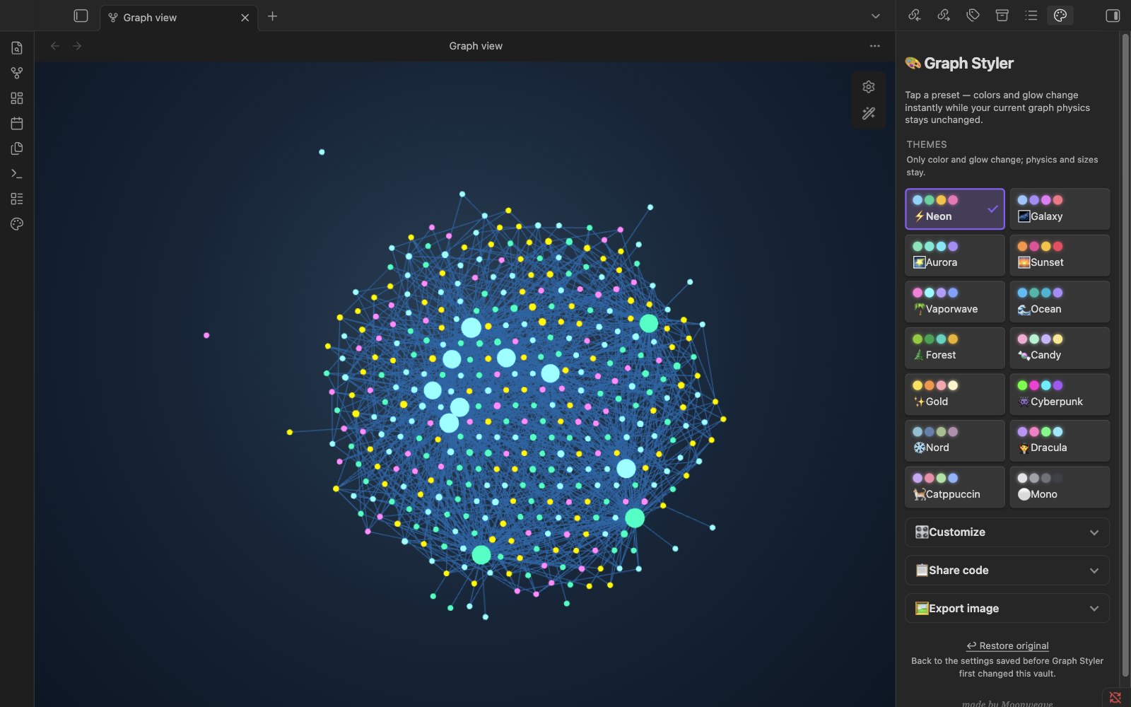 The Graph Styler panel next to a graph styled with Neon