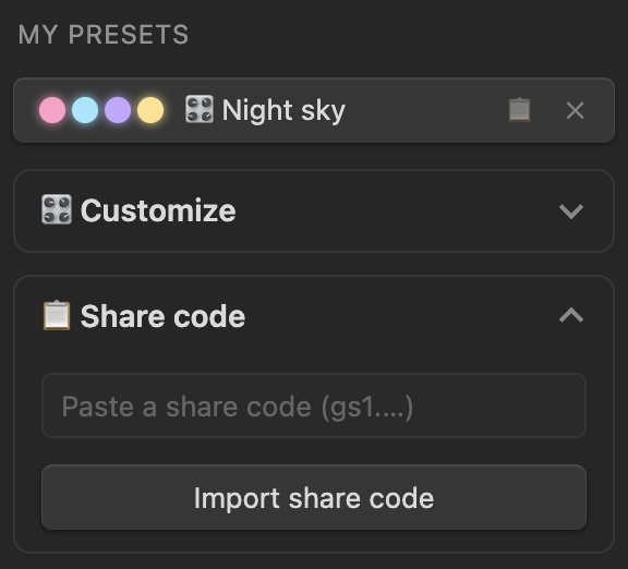 My presets with the copy and delete buttons, above the Customize group and the expanded Share code group with its code box and Import button