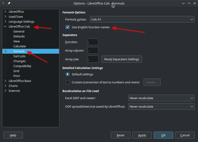 Use English function names in LibreOffice Calc