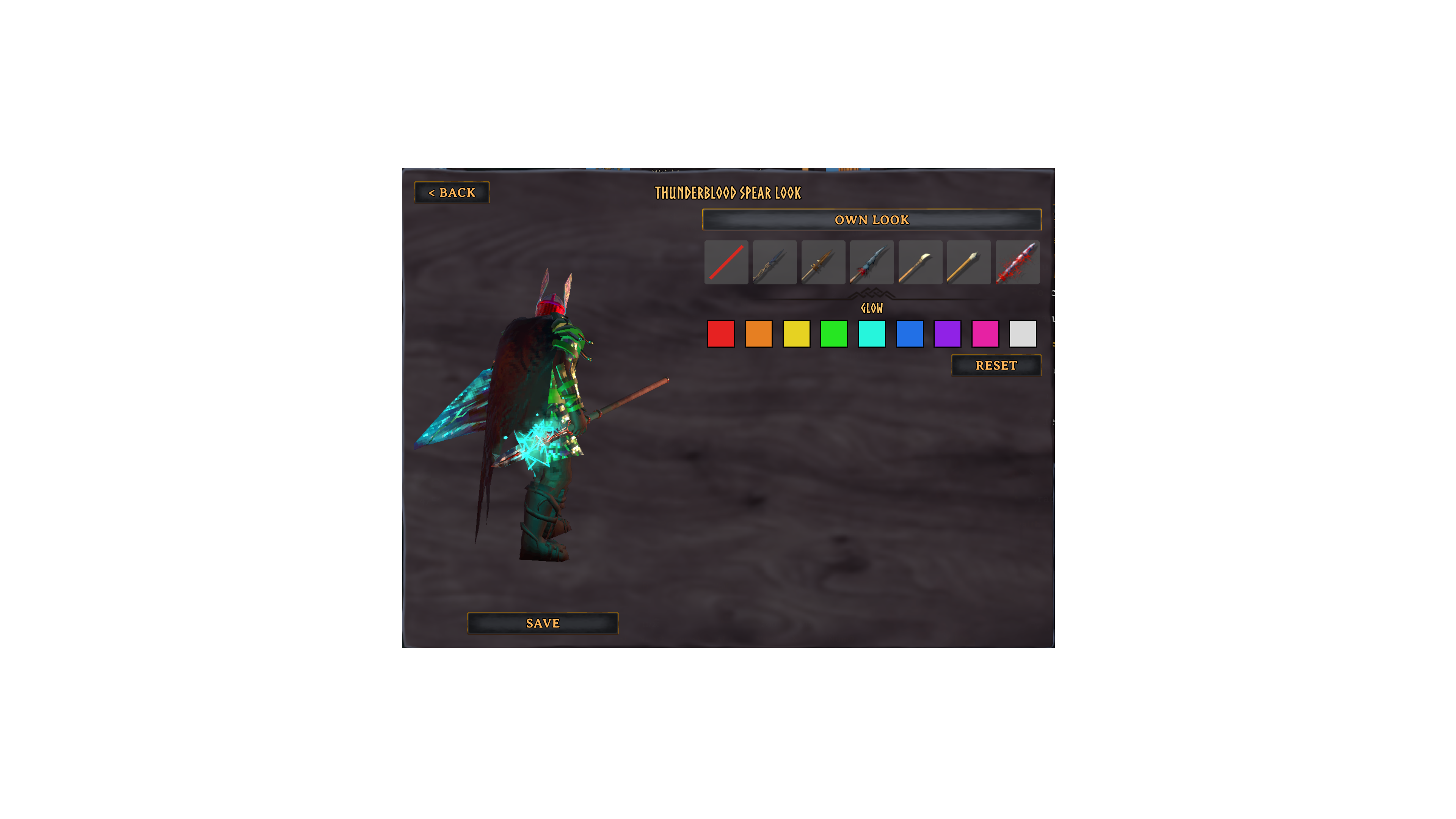 The weapon look menu with the GLOW colours