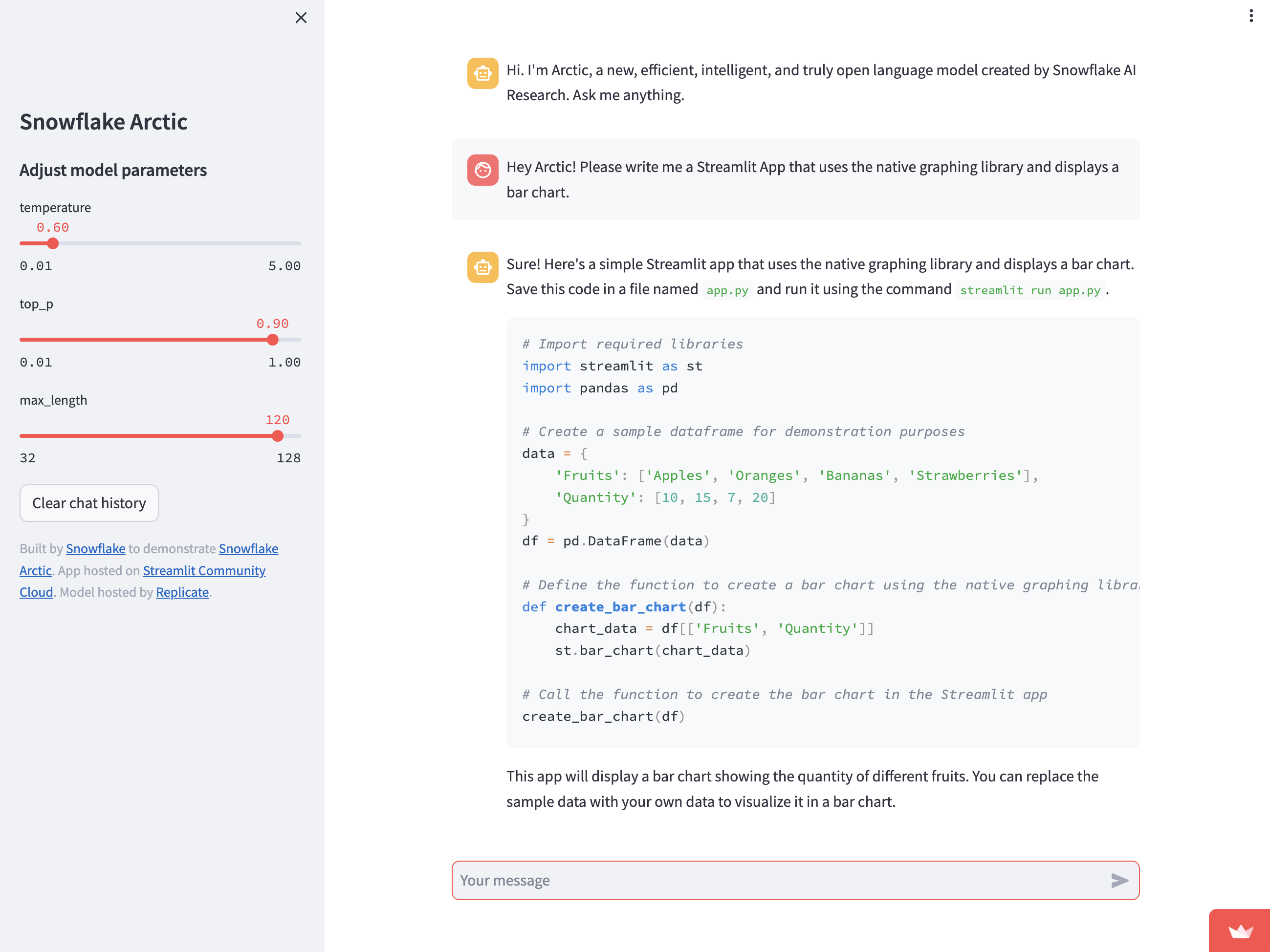 Streamlit app chatbot for Snowflake Arctic