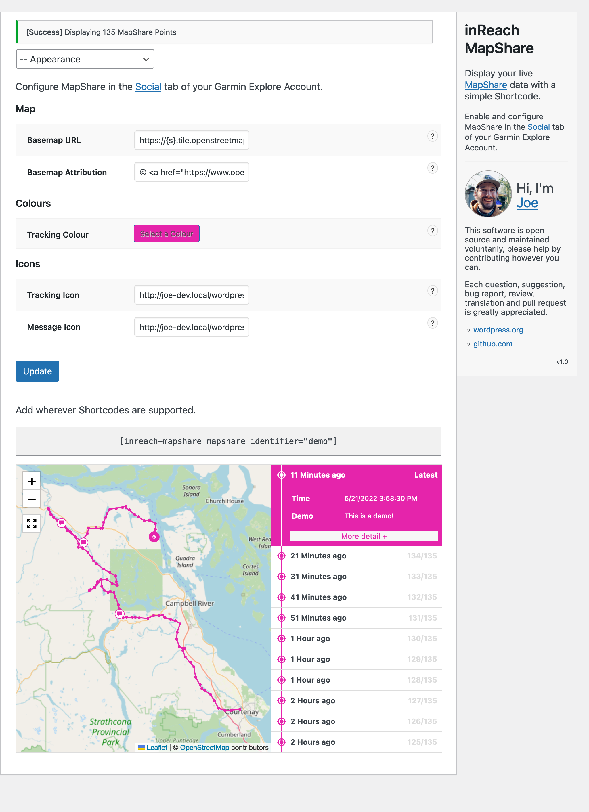 Appearance Options (WP Admin > Settings > inReach MapShare) 