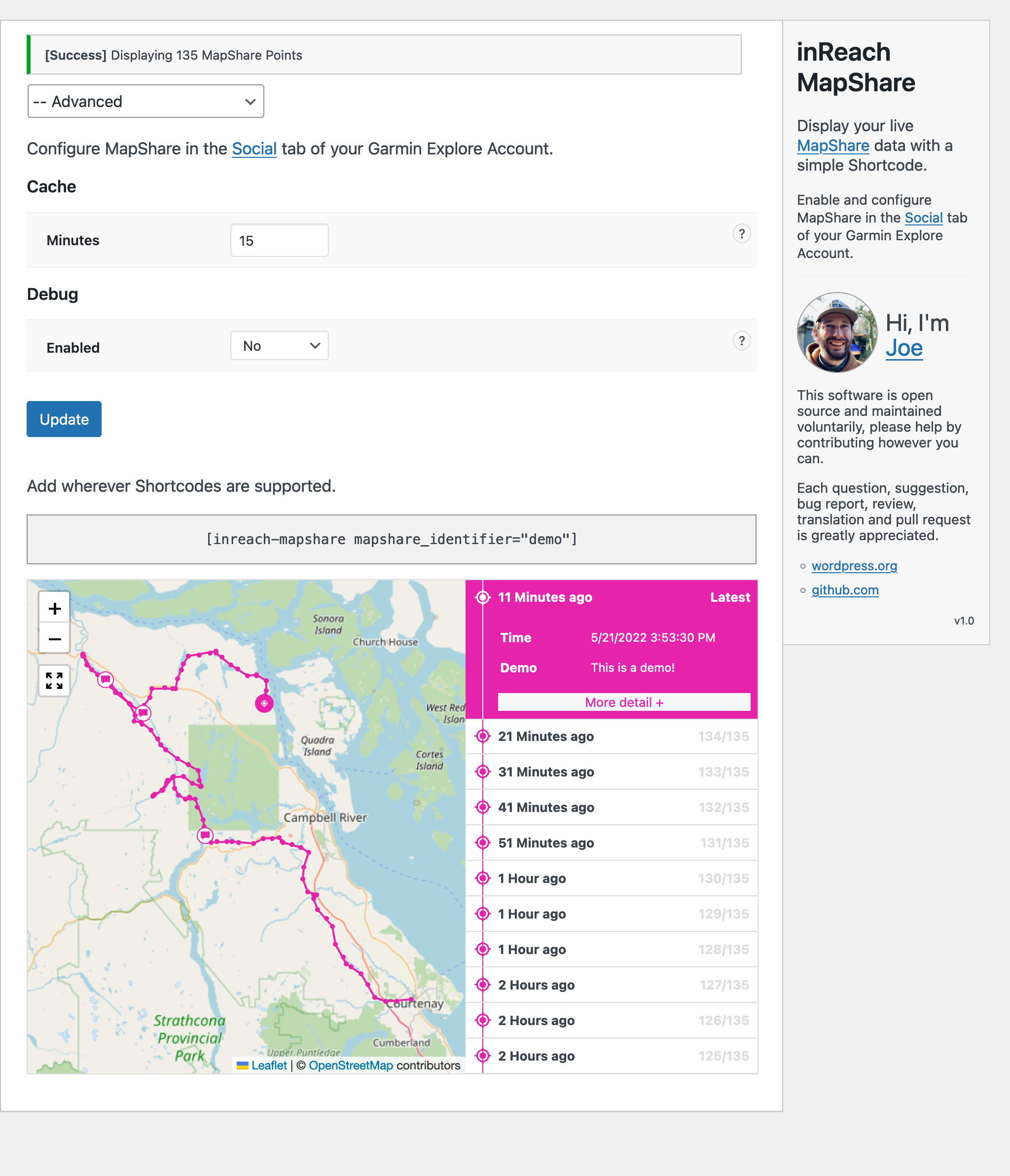 Advanced Options (WP Admin > Settings > inReach MapShare)