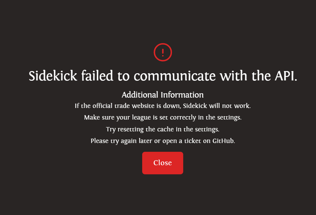 Sidekick API 통신 실패 오류 화면