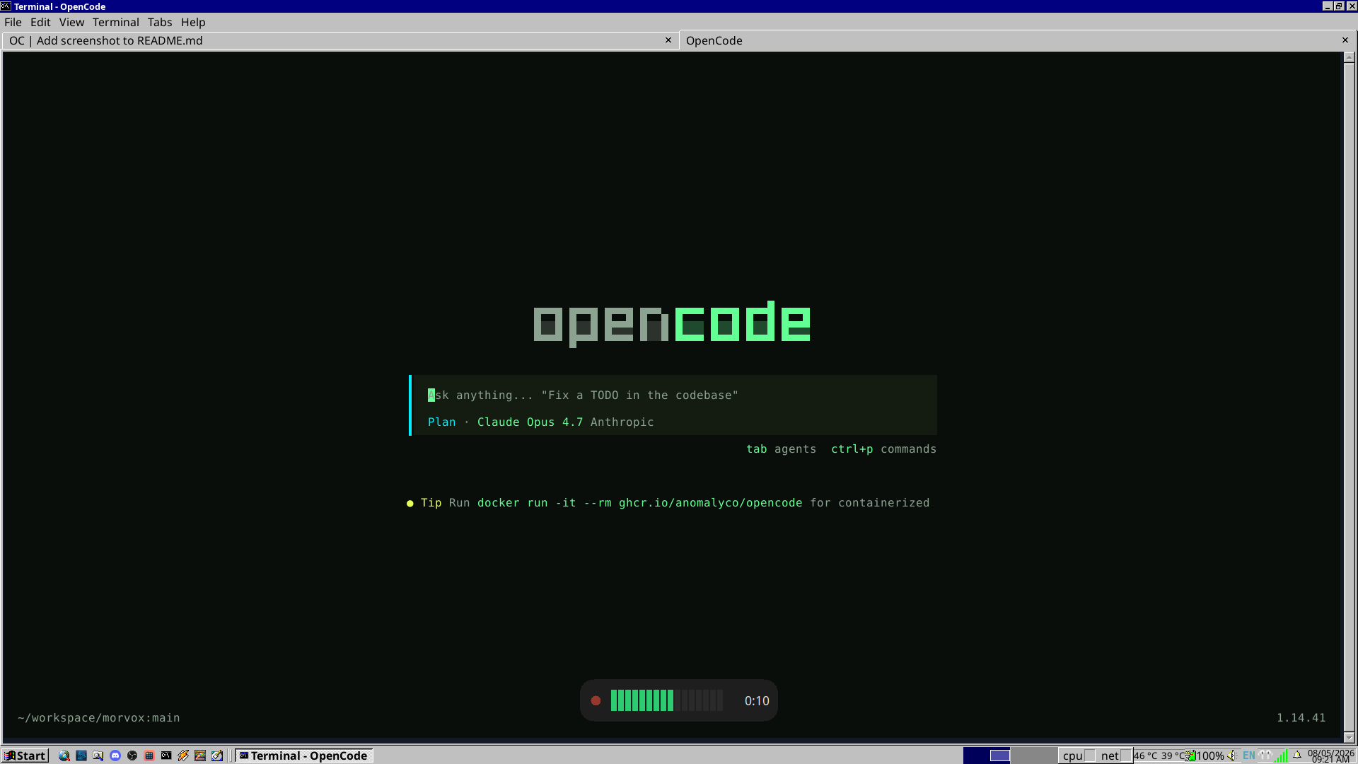 morvox recording inside opencode