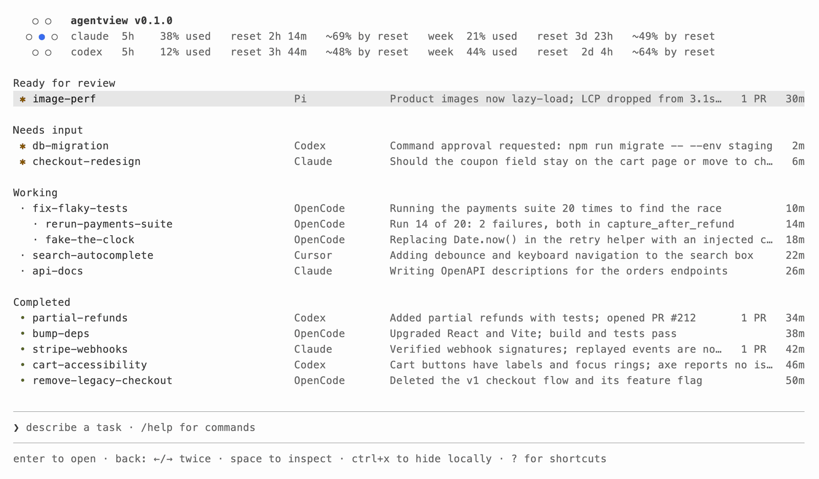 agentview demo in light mode: usage limits in the header, OpenCode sub-sessions indented under the session that started them, searching 500 past sessions by message text with Ctrl+G, and picking a model grouped by provider