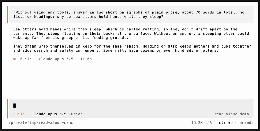 OpenCode reading an answer aloud, each word highlighted as it is spoken