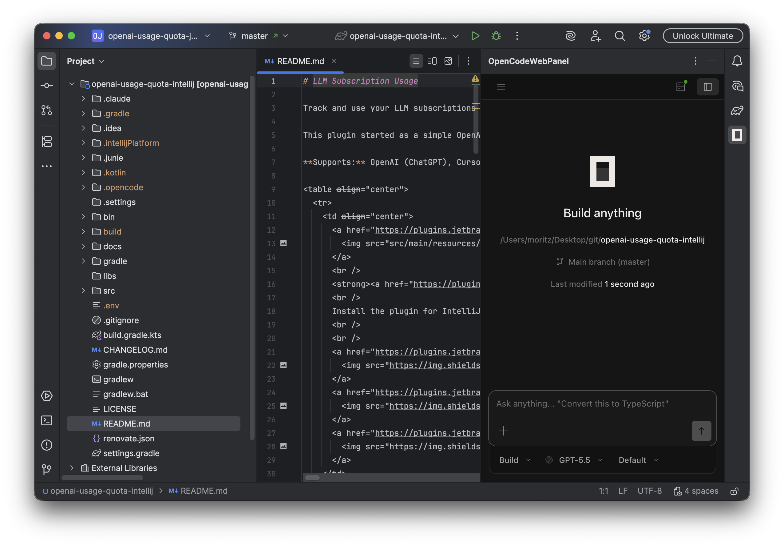 OpenCode Web Panel running inside a JetBrains IDE