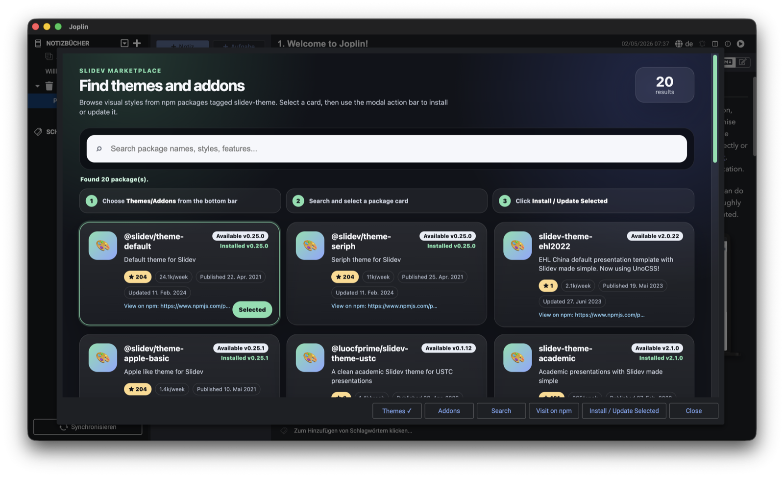 Screenshot: The Slidev theme and addon marketplace inside Joplin.