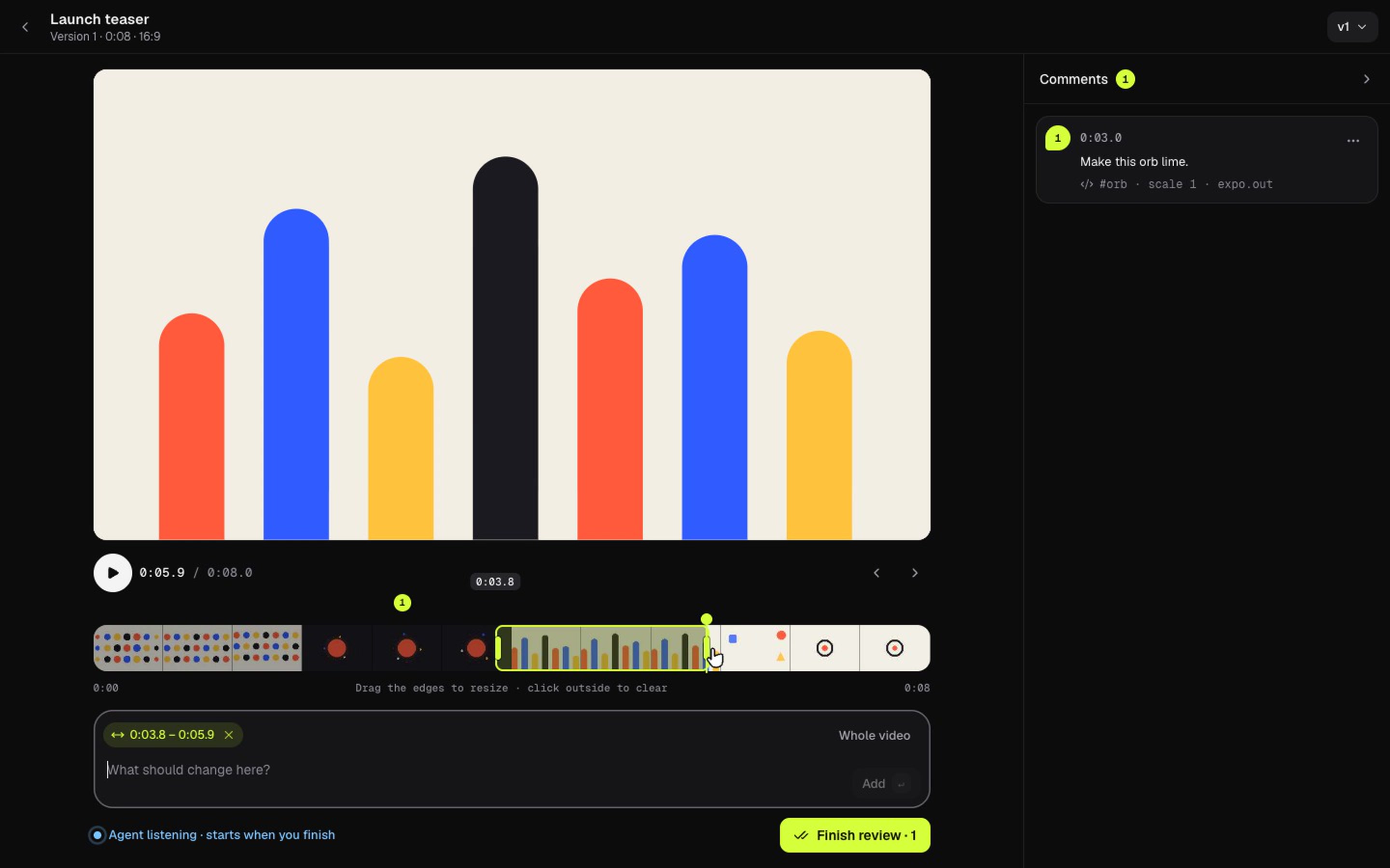 The FrameJam review page: a video with a timeline, a range selected on the filmstrip and a comment in the sidebar