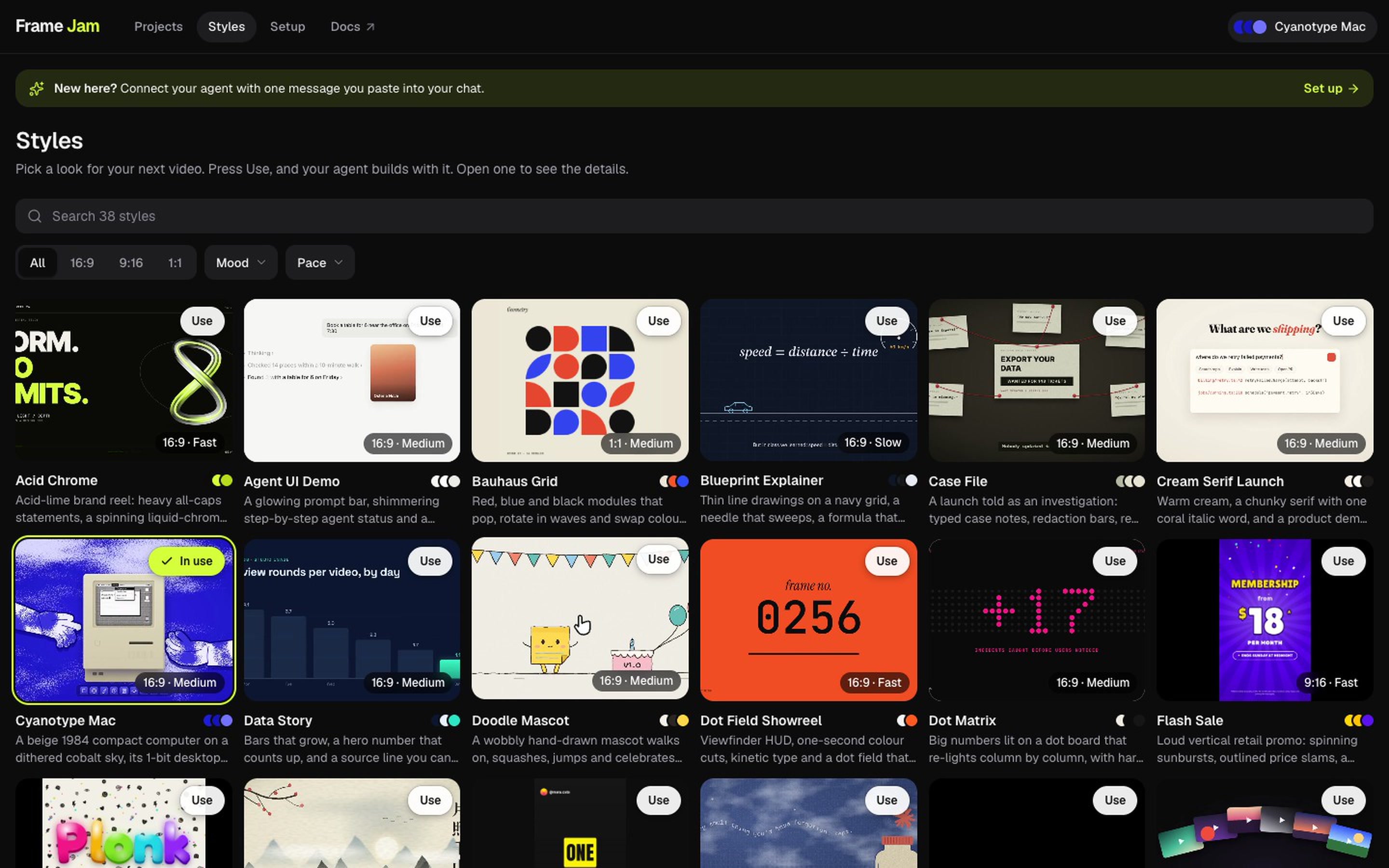The Styles page: a grid of example videos, each with a Use button