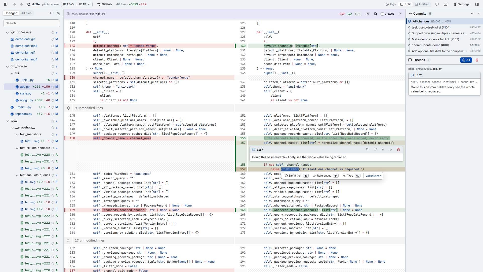 diffle reviewing a git diff