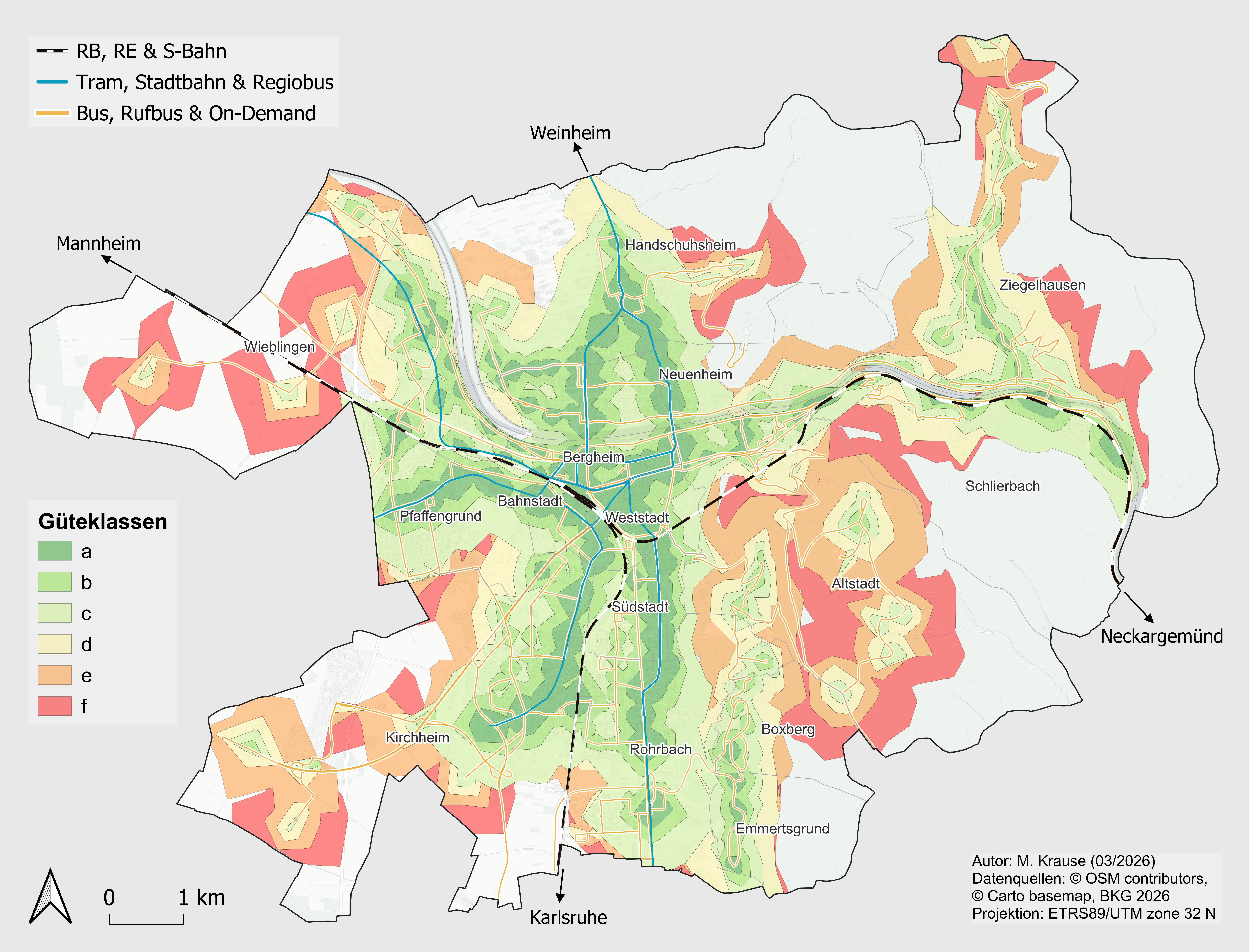 Karte der ÖPNV-Güteklassen in Heidelberg