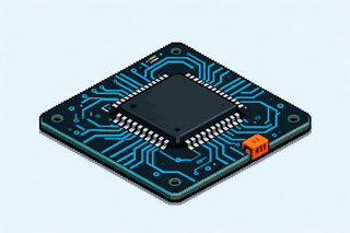 A microcontroller board with cyan traces and an orange debug connector