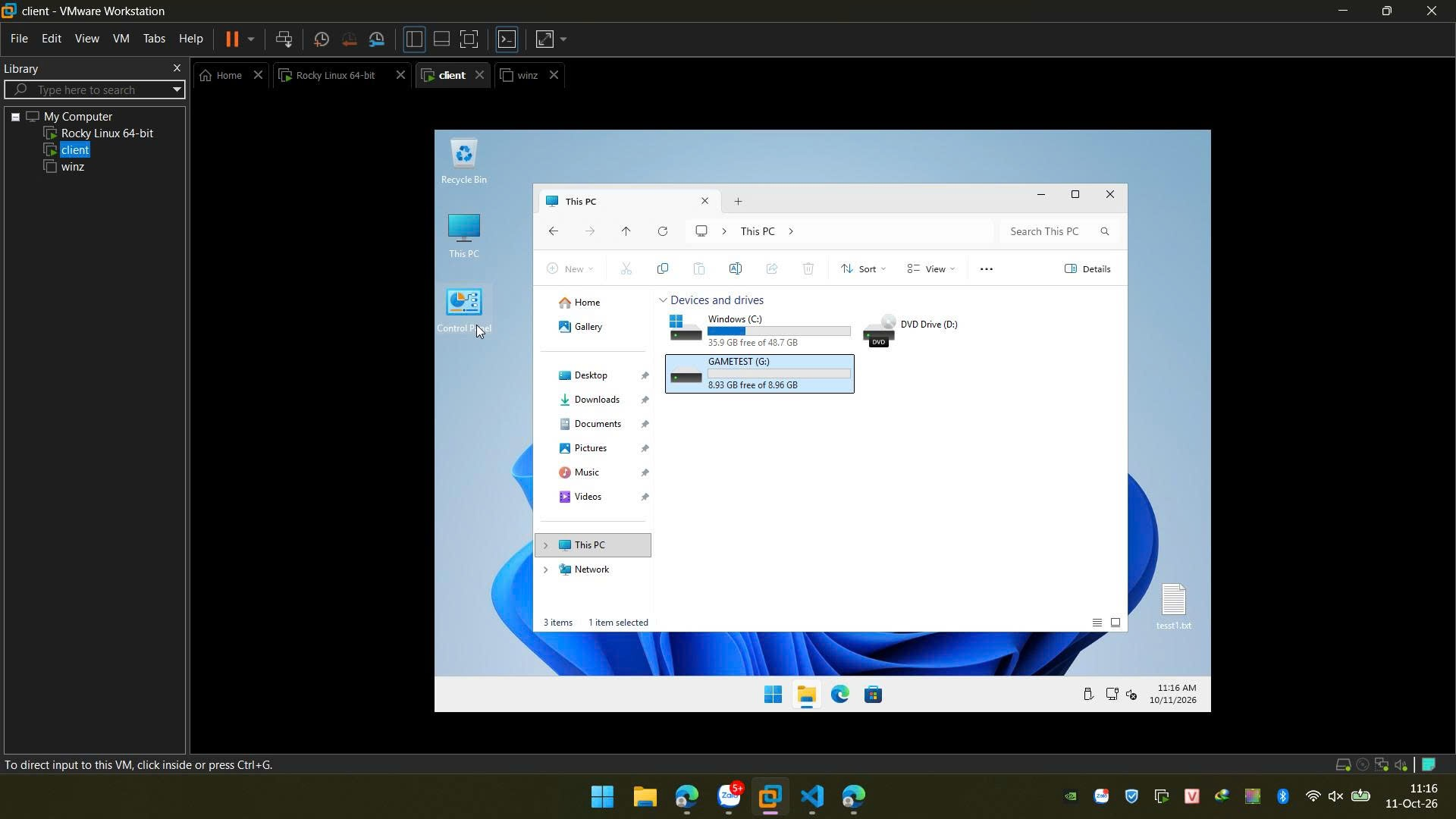 Windows 11 client network-booted by Broom, with a games disk mounted as G: