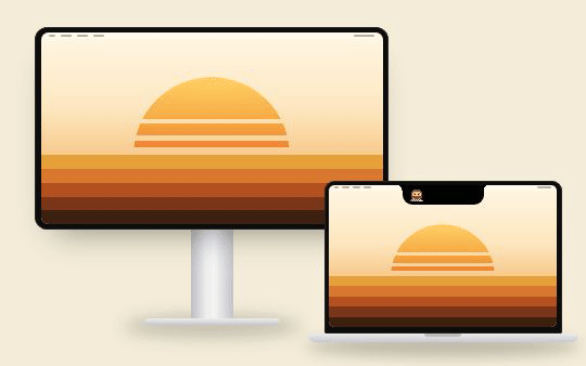 A big display with a MacBook in front of it. The notch, with one of us in it, lifts off the MacBook, glides to the top of the big display and settles there, then glides back.