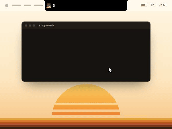 The top of a Mac screen. An agent works in a terminal. It asks to run git push origin preview: the terminal waits and a red 1 appears beside the notch. The pointer opens the panel over the terminal and presses Allow once. The panel shuts and the push goes through.