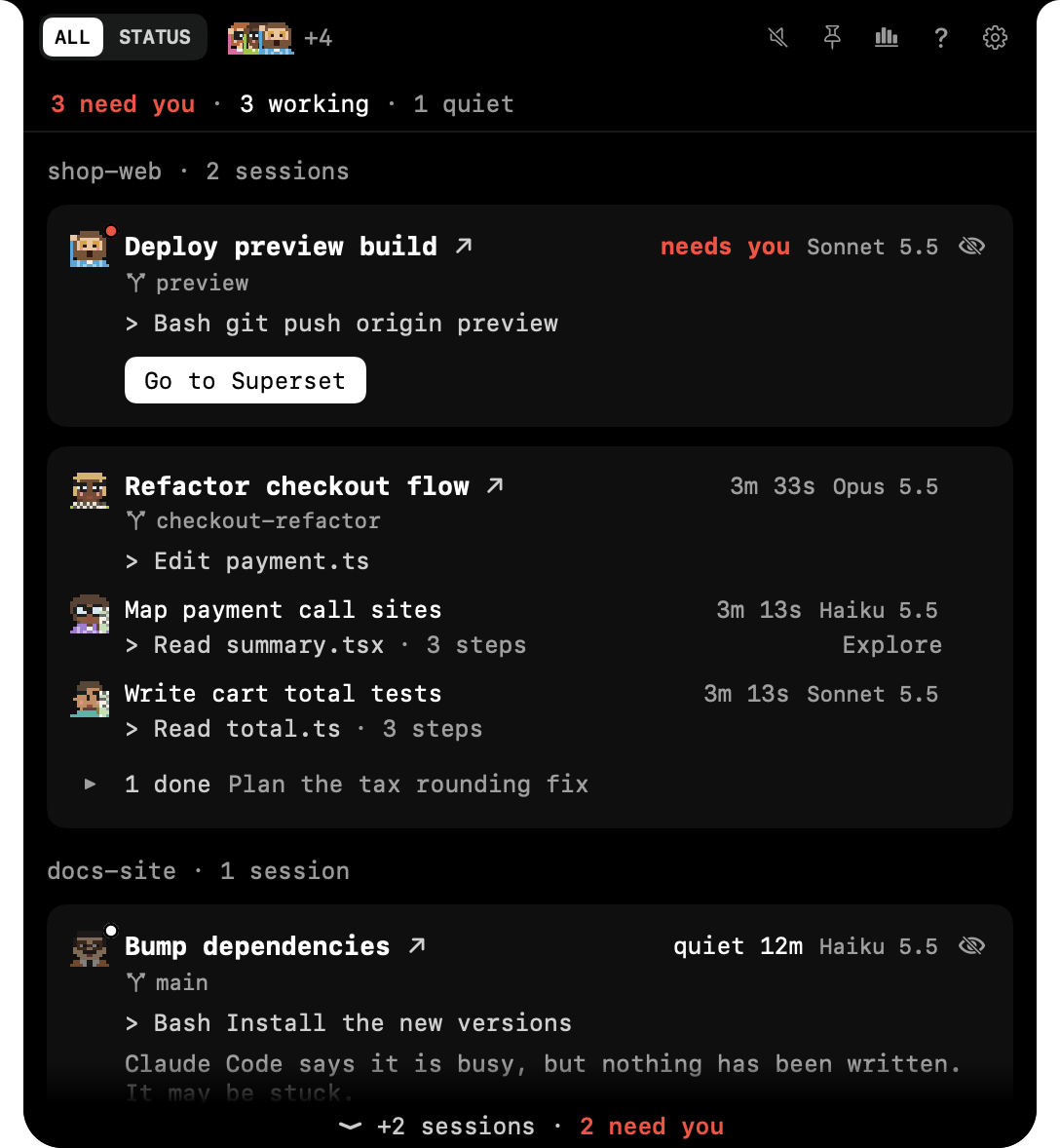 The AgentValley panel open under the notch, sessions grouped by project. In shop-web one session needs you and one works with two sub-agents, each with its own pixel programmer holding what it's on, its model and its latest step. Below, docs-site has gone quiet, and the line at the foot says two more sessions further down need you.