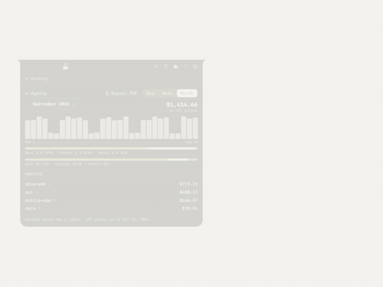 The History page in the notch panel. Export PDF prints a statement of work for every project, then the panel picks shop-web and prints one for that project alone. Each page opens with its total.