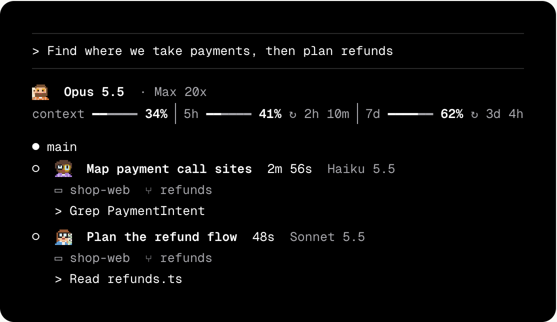 Claude Code in a terminal. Under the prompt, the status line shows Sunny's face, Opus 5.5 and Max 20x, then bars for context, the 5-hour limit and the weekly limit. Below it, two sub-agent rows, each with a little face, its task, time, model, folder, branch and current step.