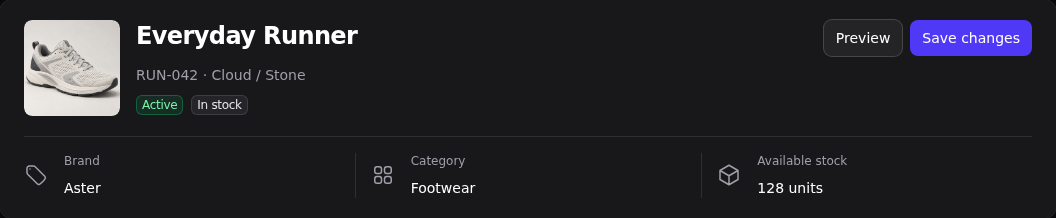Expanded desktop product header in dark mode