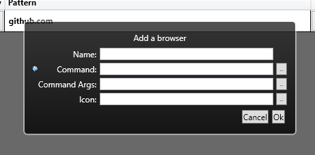 Screenshot of user interface for entering parameters for a new browser