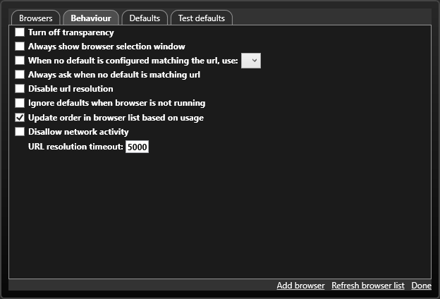 Screenshot of all the options under the behaviour tab