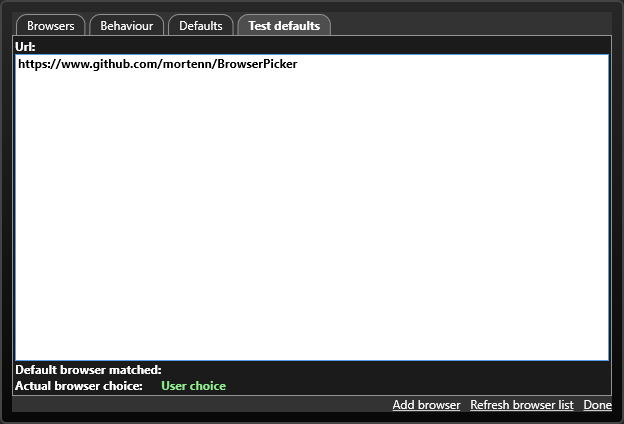 Example of the test defaults interface in use