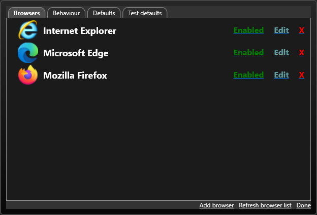 Screenshot of the browser configuration interface with three browsers