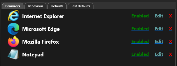 List of configured browsers including notepad as an option
