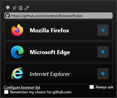 Screenshot of browserpicker with three options, of which 2 are running and 1 is not