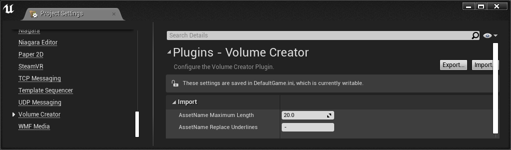 Screenshot of Project Settings > Plugin > Volume Creator