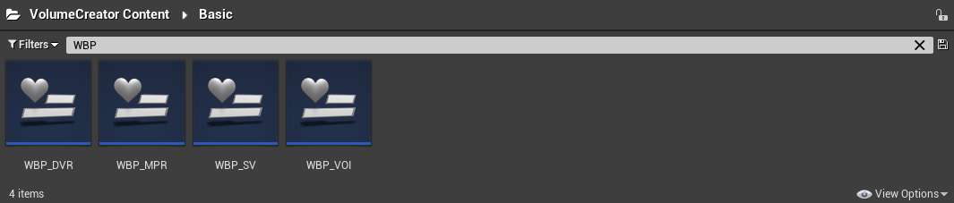 Content Browser, VolumeCreator Content, Folder Basic - User Widget Blueprints