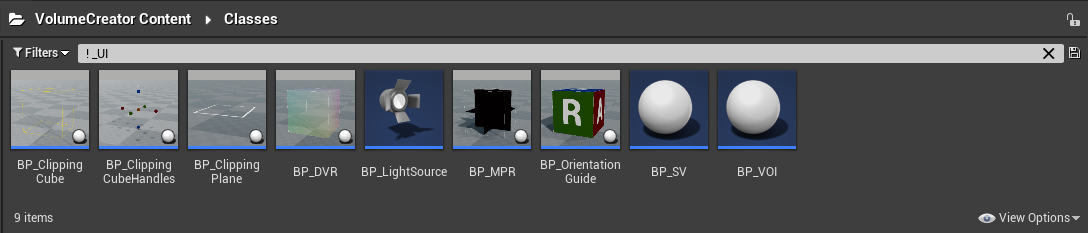 Content Browser, VolumeCreator Content, Folder Classes - Blueprint Actors