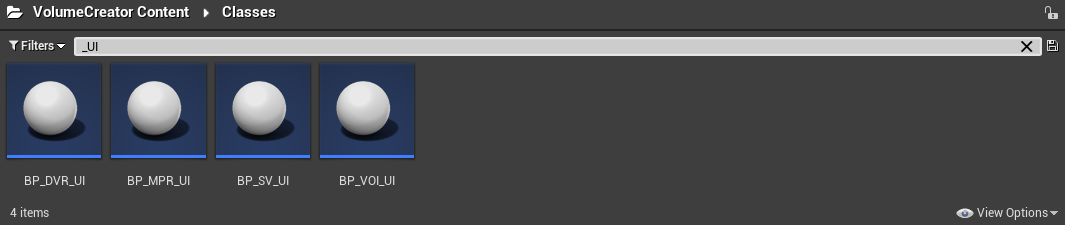 Content Browser, VolumeCreator Content, Folder Classes - User Widget Actor Blueprints