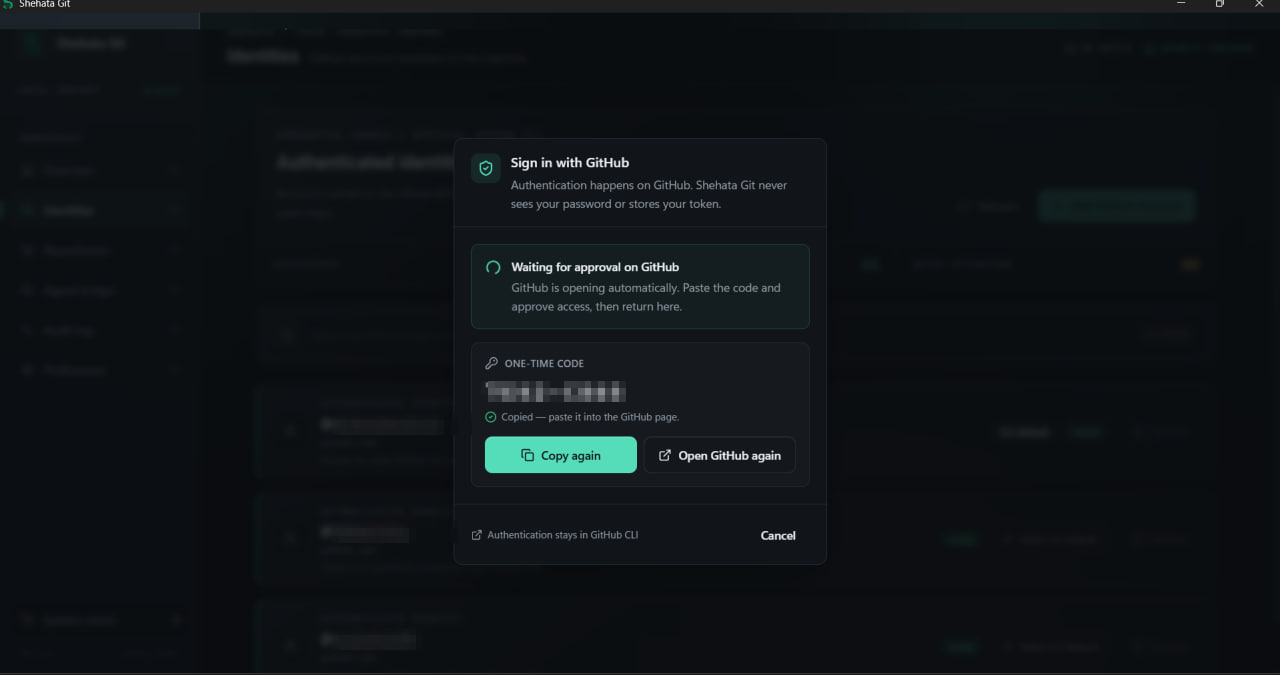 Signing in through GitHub's own browser flow, with a one-time device code