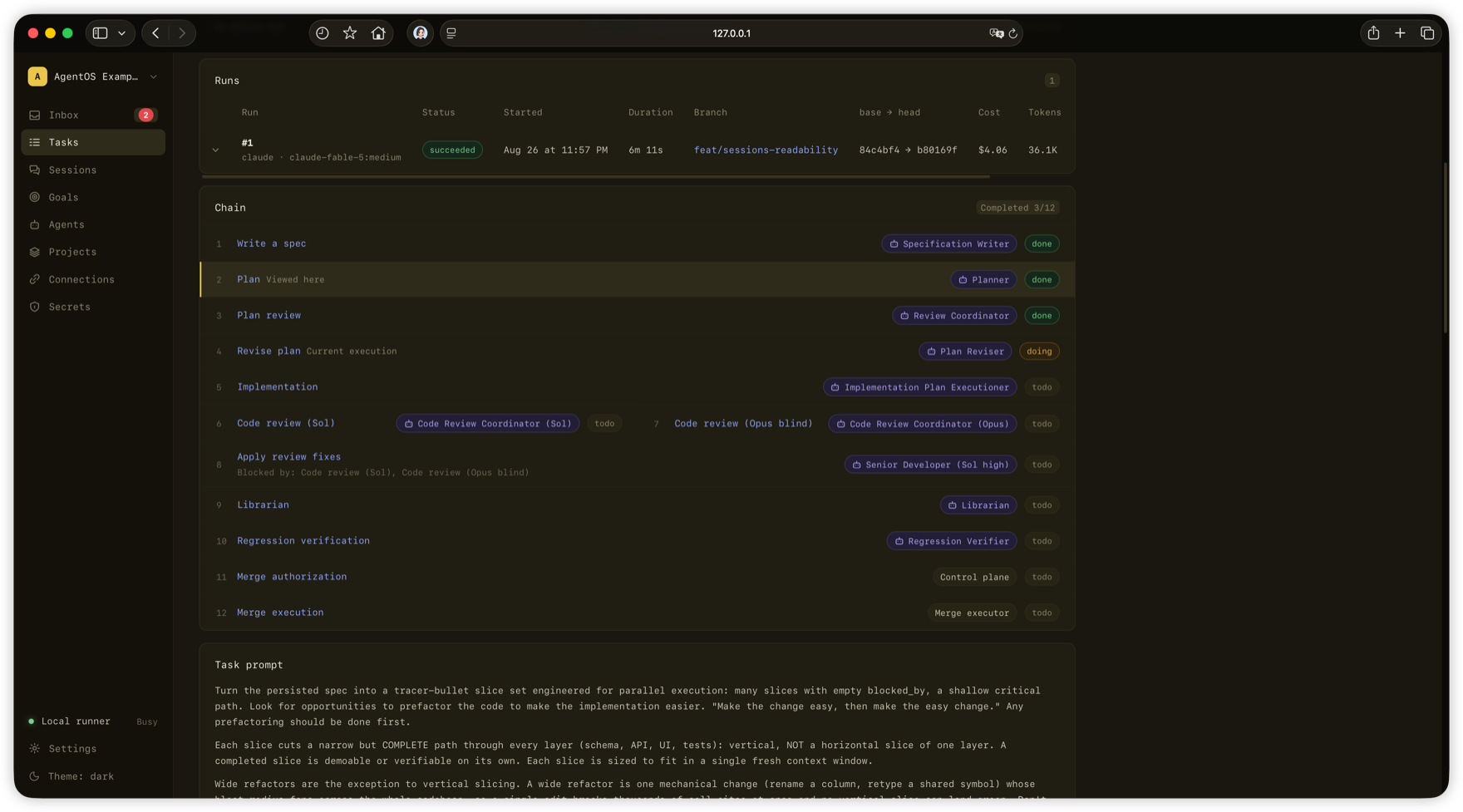 Task detail: the twelve-step chain with each step's role and status, above the completed run and the task prompt