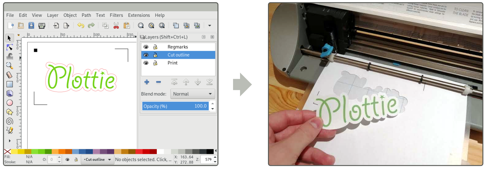 A vector design in Inkscape next to a cut-out output