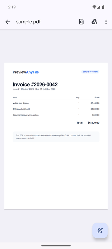 The same PDF invoice opened in the PDF viewer on Android