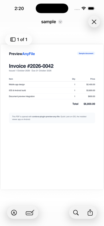 A PDF invoice previewed with Quick Look on iOS