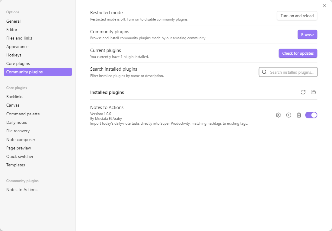 Obsidian Community plugins settings with Notes to Actions by Mostafa ELAraby enabled