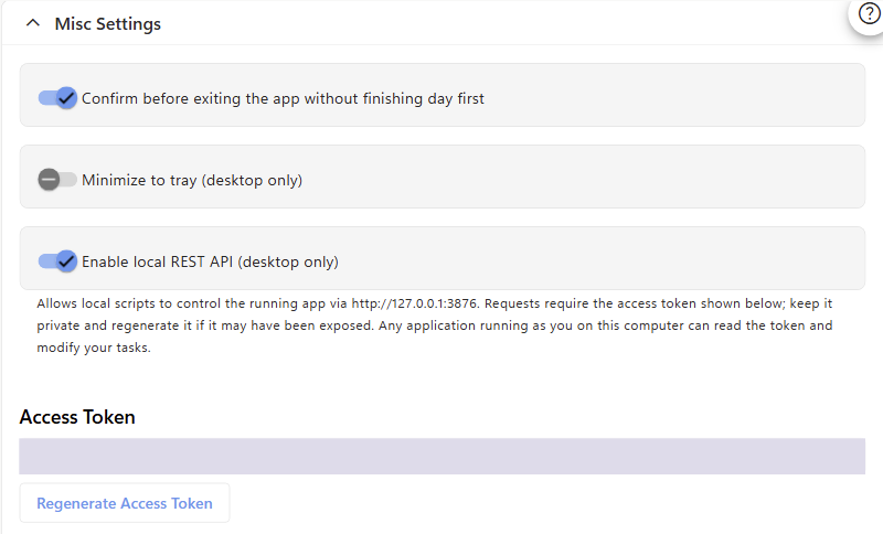 Super Productivity Misc Settings with the local REST API enabled and the Access Token concealed