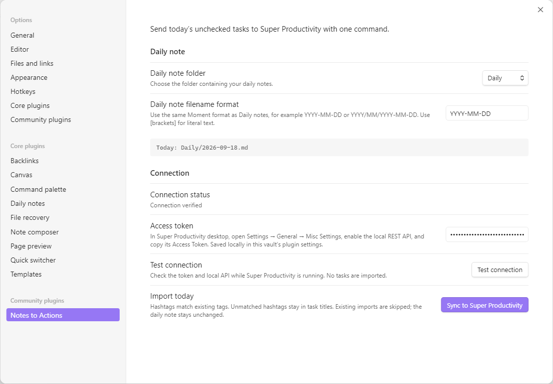 Obsidian plugin settings showing the Daily folder, YYYY-MM-DD format, masked access token, and Connection verified